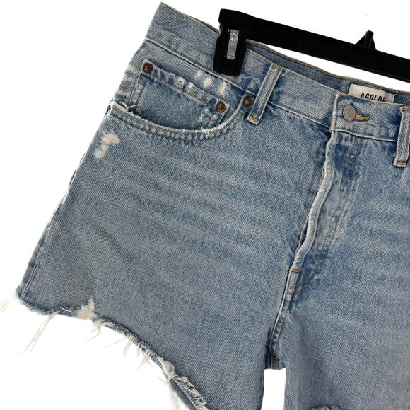 AGOLDE Blue Swapmeet Parker Long Distressed Denim Shorts - Picture 4 of 12